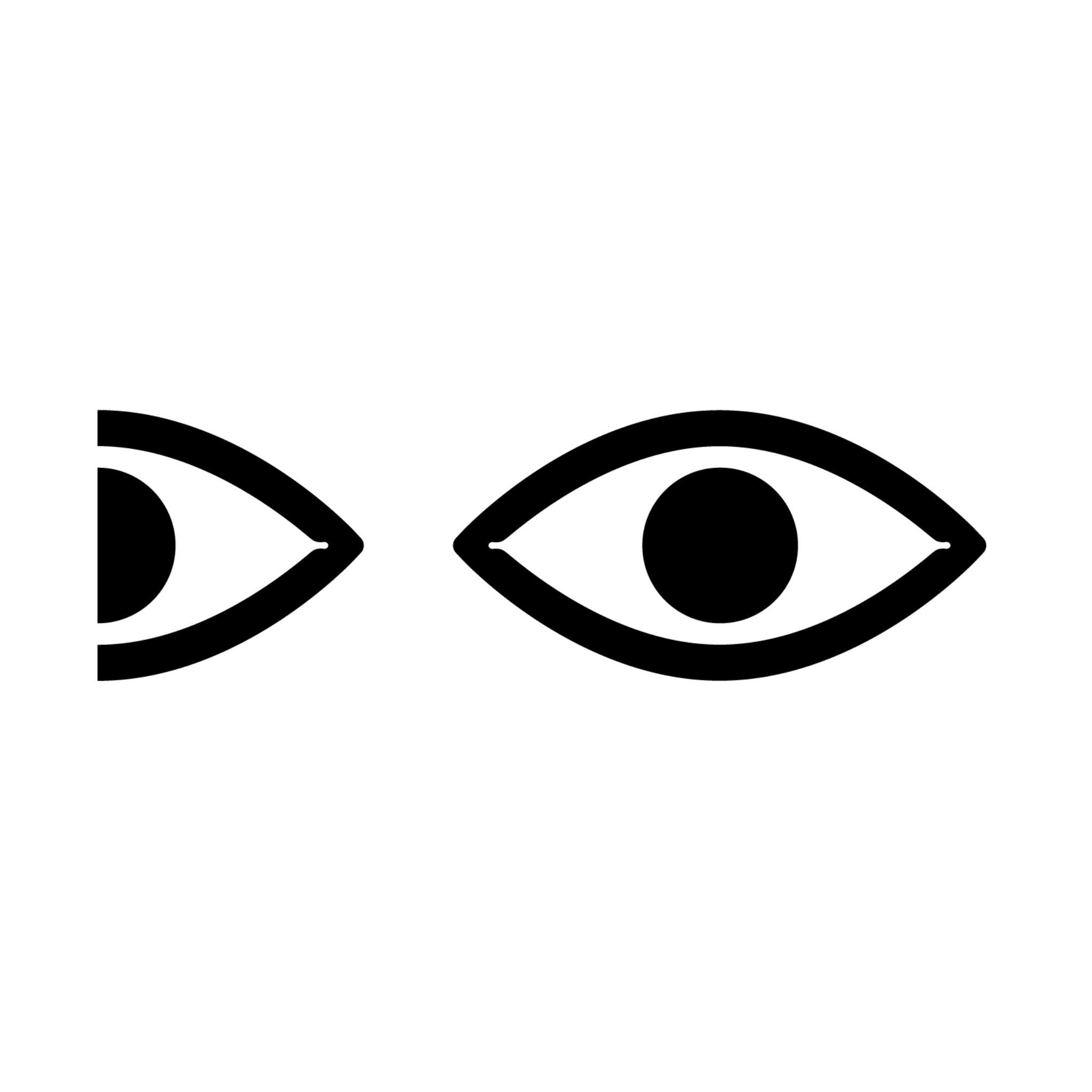 Logo "Dom Otwarty" – dwa czarne, minimalistyczne symbole oka w kształcie migdała na białym tle; lewy symbol jest częściowo przycięty, prawy w pełni widoczny z wypełnioną czarną źrenicą pośrodku.