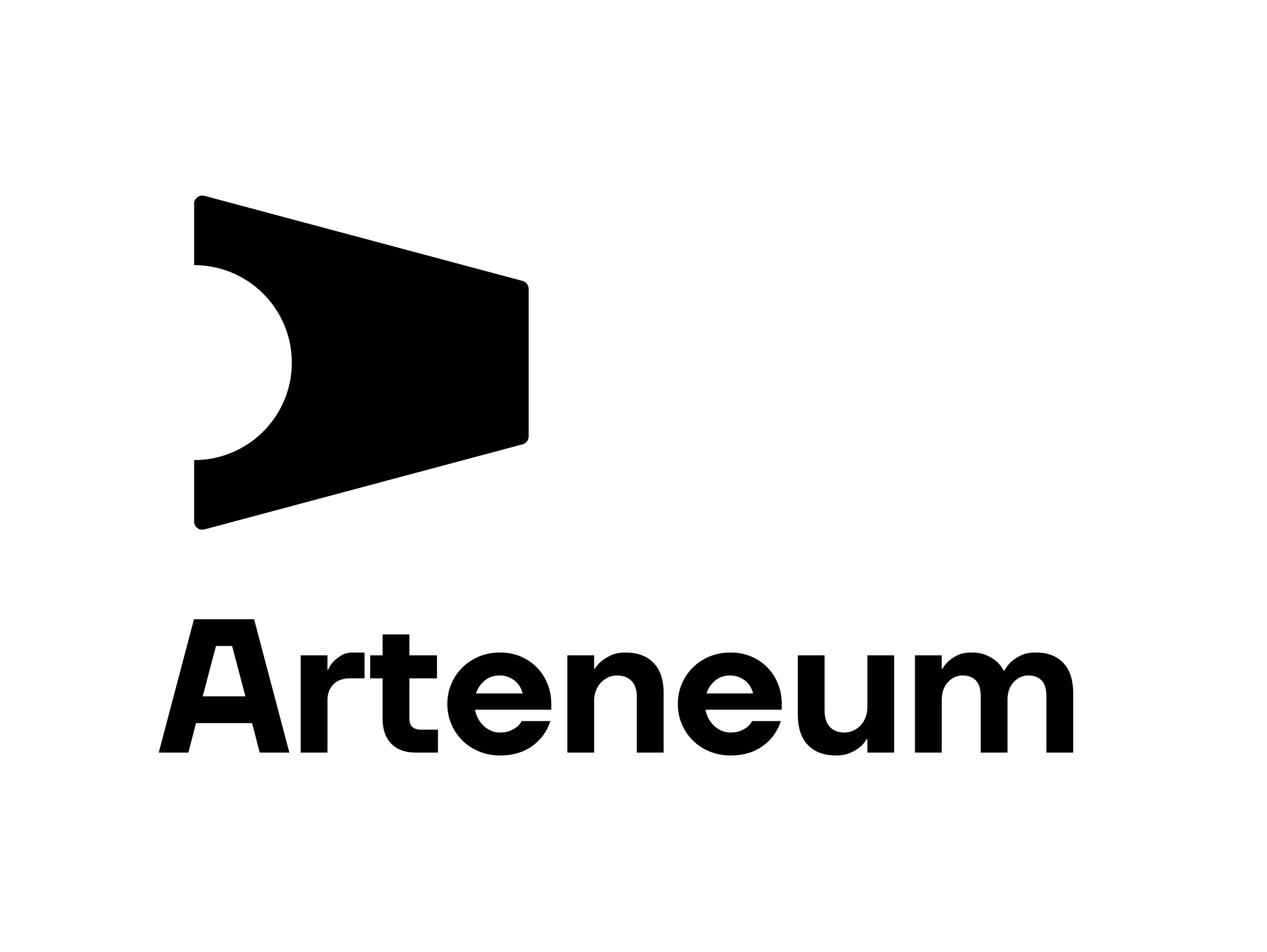 Logo Arteneum – czarny, geometryczny symbol przypominający strzałkę/przycisk odtwarzania z wycięciem w kształcie koła po lewej stronie, poniżej nazwa "Arteneum" zapisana pogrubioną, czarną czcionką bezszeryfową. Tło białe.