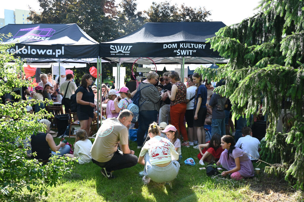 Zdjęcia z Festowalu KOrzenie Europy. Na zdjęciach widoczni są artyści na scenie, prowadzący koncert , publiczność i otoczenie koncertu - Park Bródnowski.