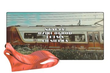 W tle pociąg SKM, na pierwszym planie ogrodowa leżanka.